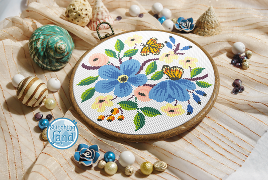 Blue Flowers & Butterflies Cross Stitch Pattern