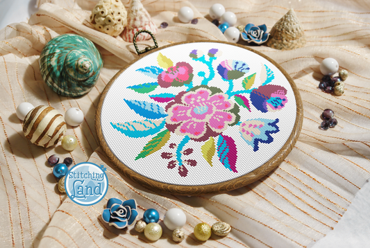 Blue Pink Flowers II Cross Stitch Pattern