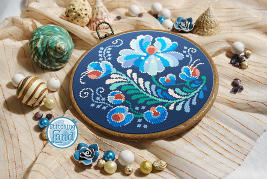 Blue Rosemaling Cross Stitch Pattern