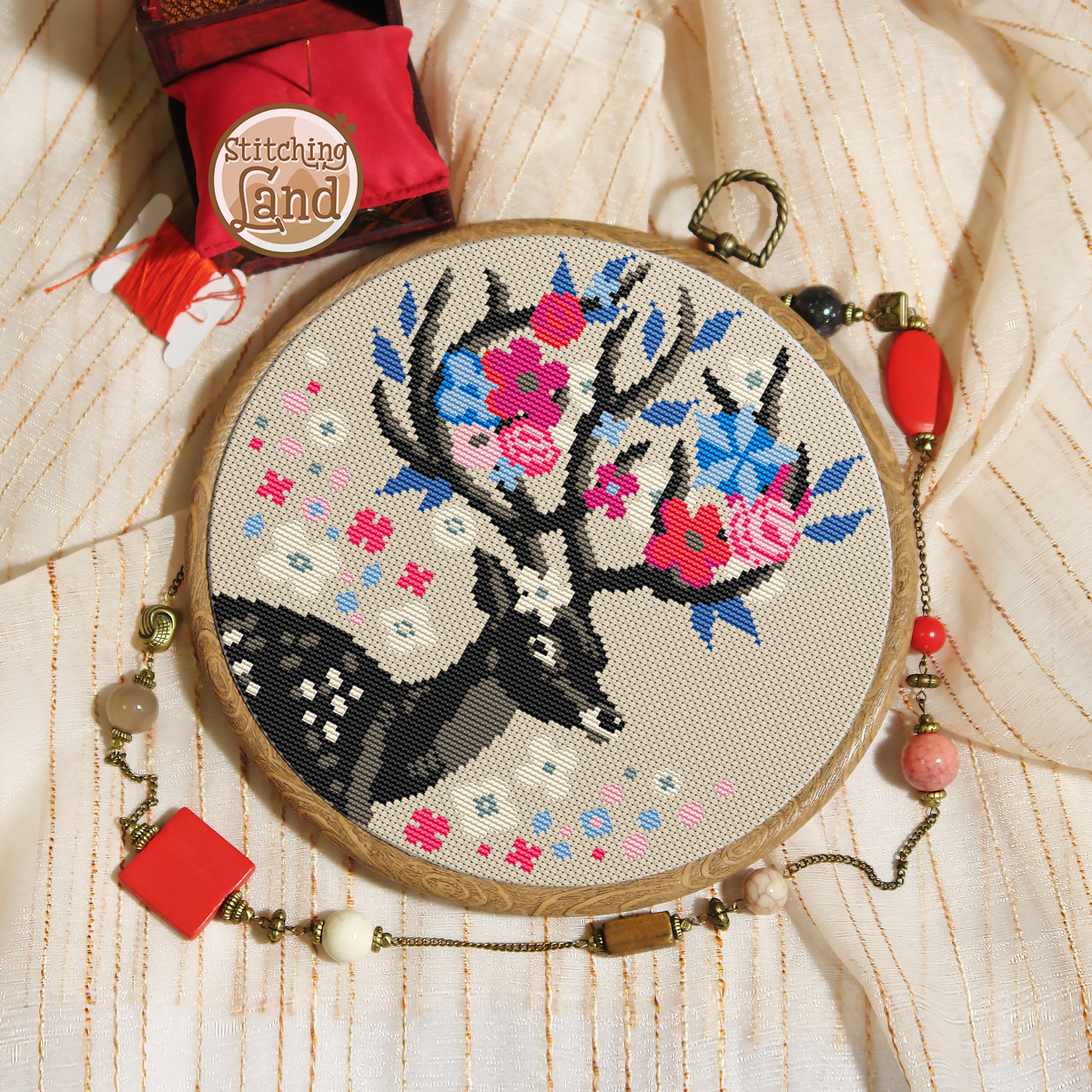Flower Deer Cross Stitch Pattern