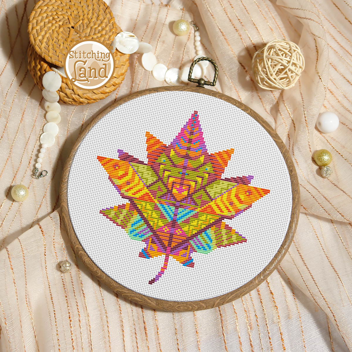 Maple Leaf Mandala Cross Stitch Pattern